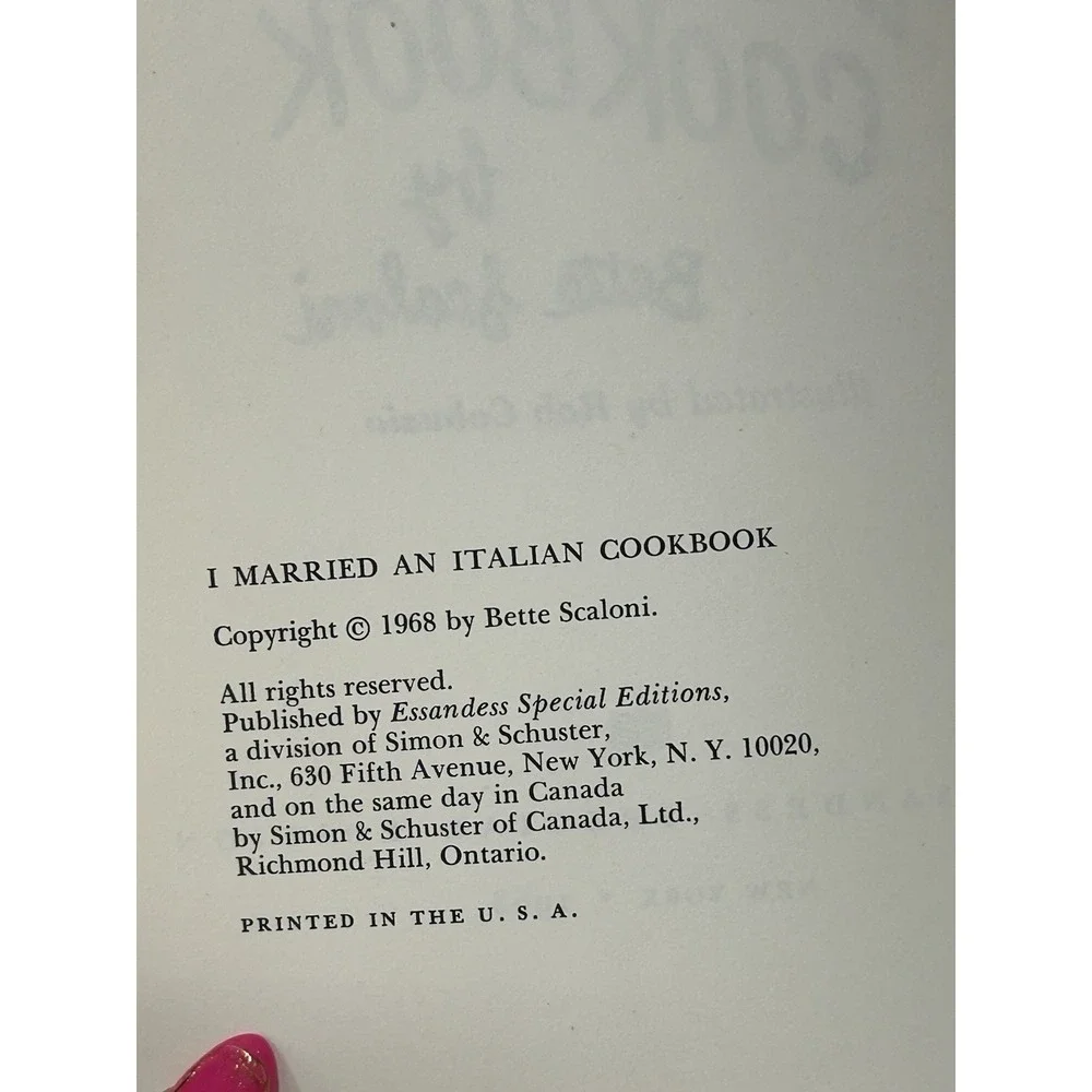 I Married An Italian Cookbook by Scaloni, Bette 1968 Paperback